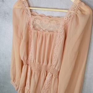 Sheer Peach Lace Trim Peplum Blouse Size L Smocked Waist Coquette